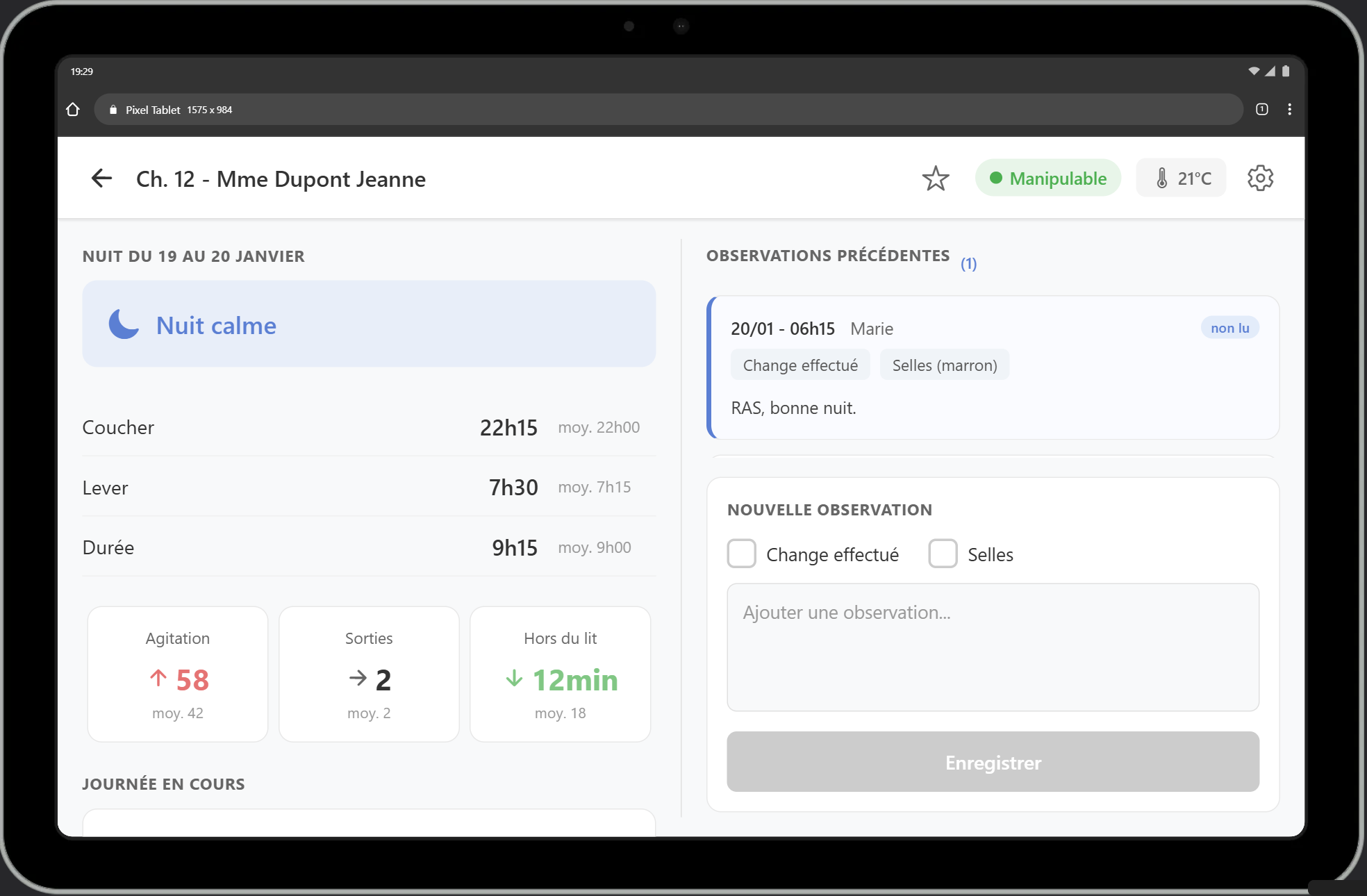Interface tablette — détails patient